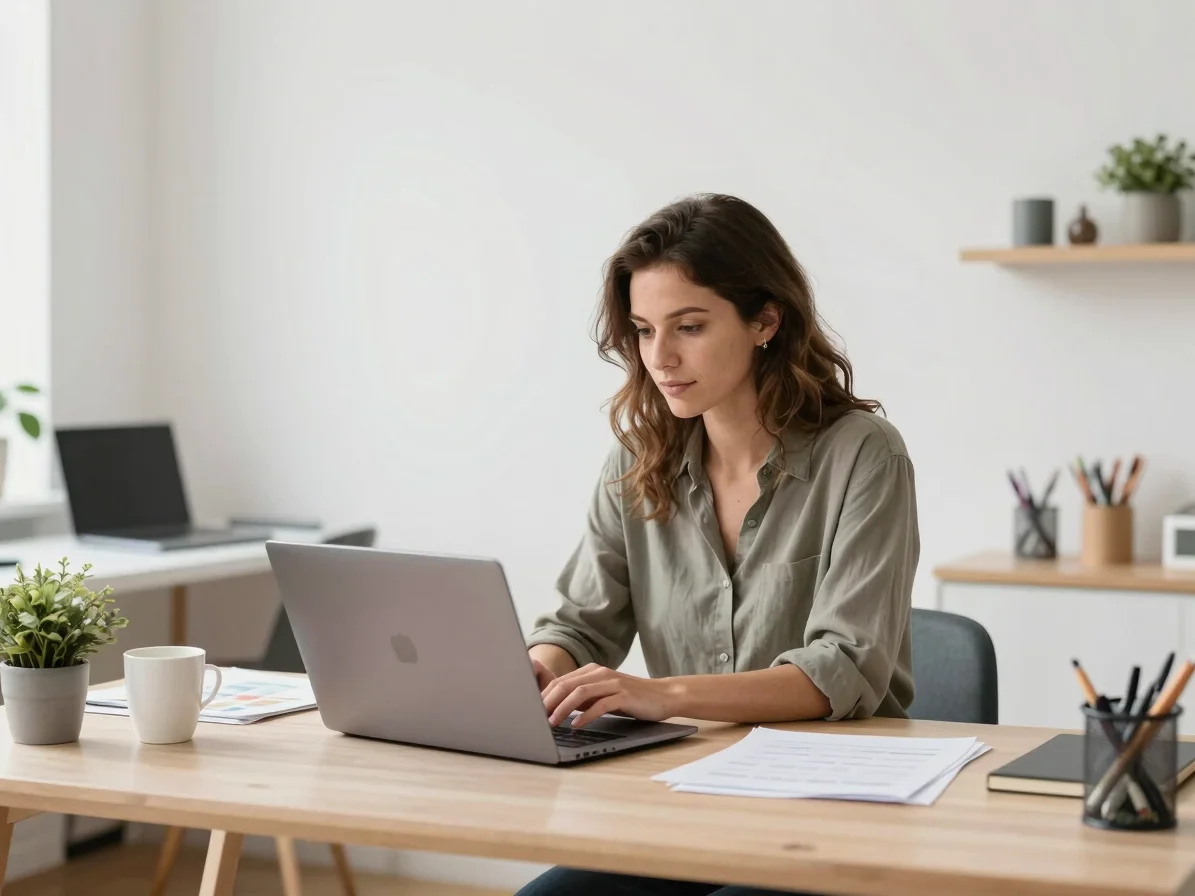 Candid scene of a UK sole trader, a female graphic designer, working on a laptop in her bright studio, natural eye-level