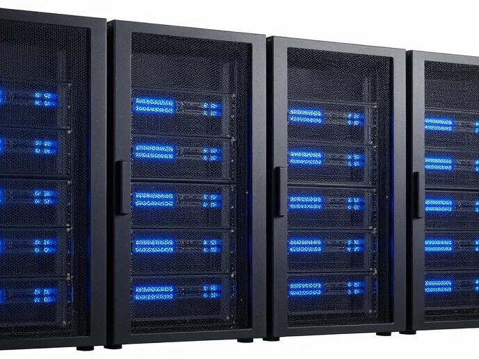 Clean modern digital product photography of a network server rack with soft blue lights, bright studio lighting, vivid h