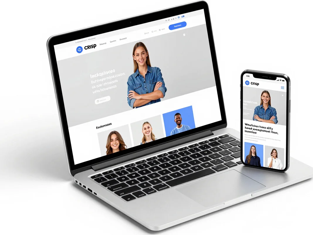 Crisp device mockups displaying a clean small-business website preview on a laptop and mobile phone, bright studio light