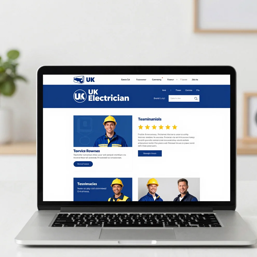 Professional website mockup for a UK electrician, featuring testi