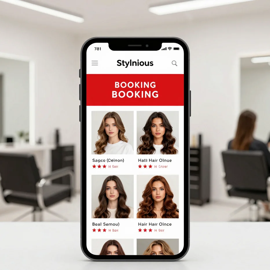 Stylish website mockup for a UK hair salon, presenting booking op